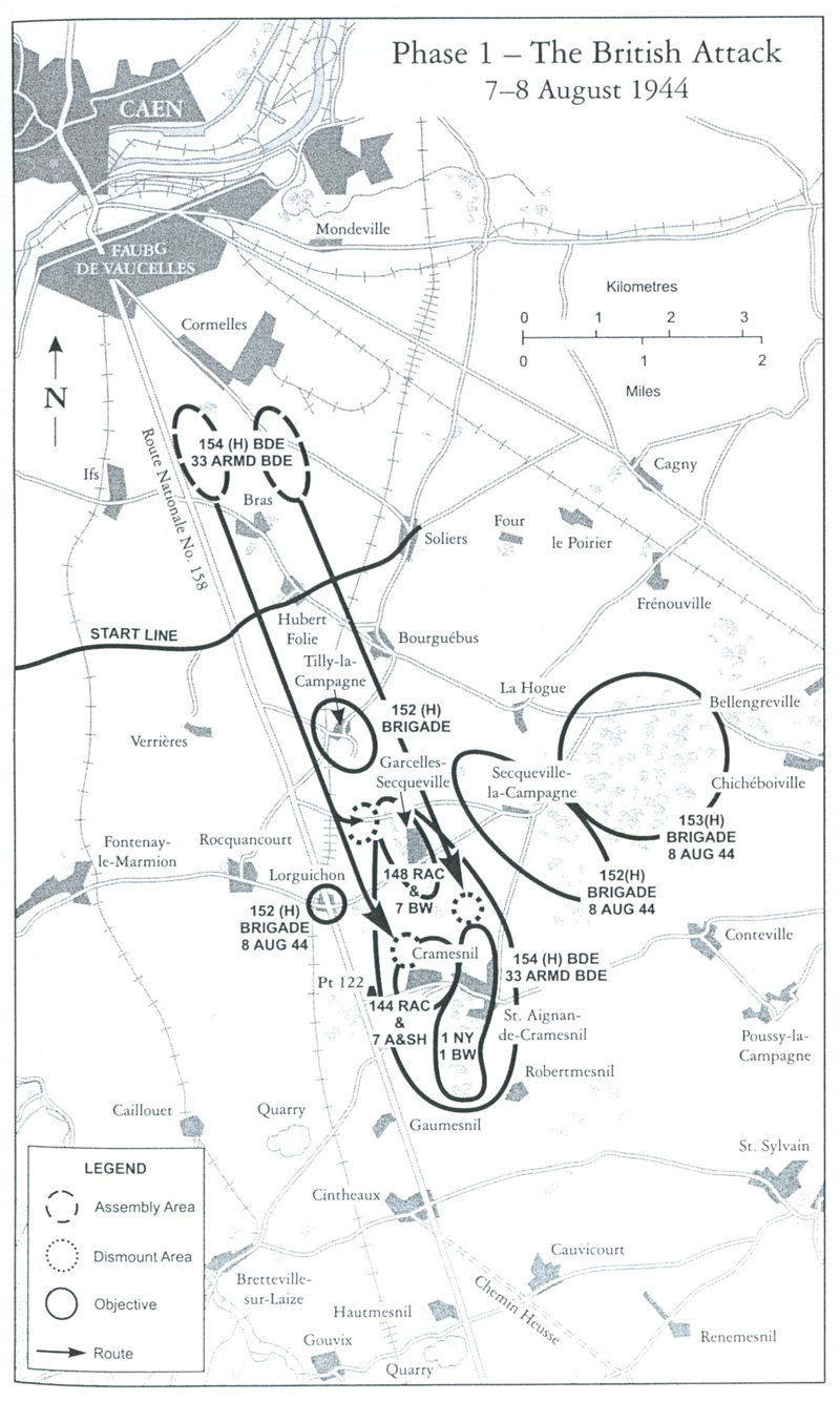 map of the british armoured night attack as part of operation Totalize 7th August 1944