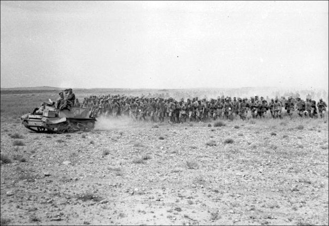 8th Army Universal carrier escorts a large contingent of Italian prisoners